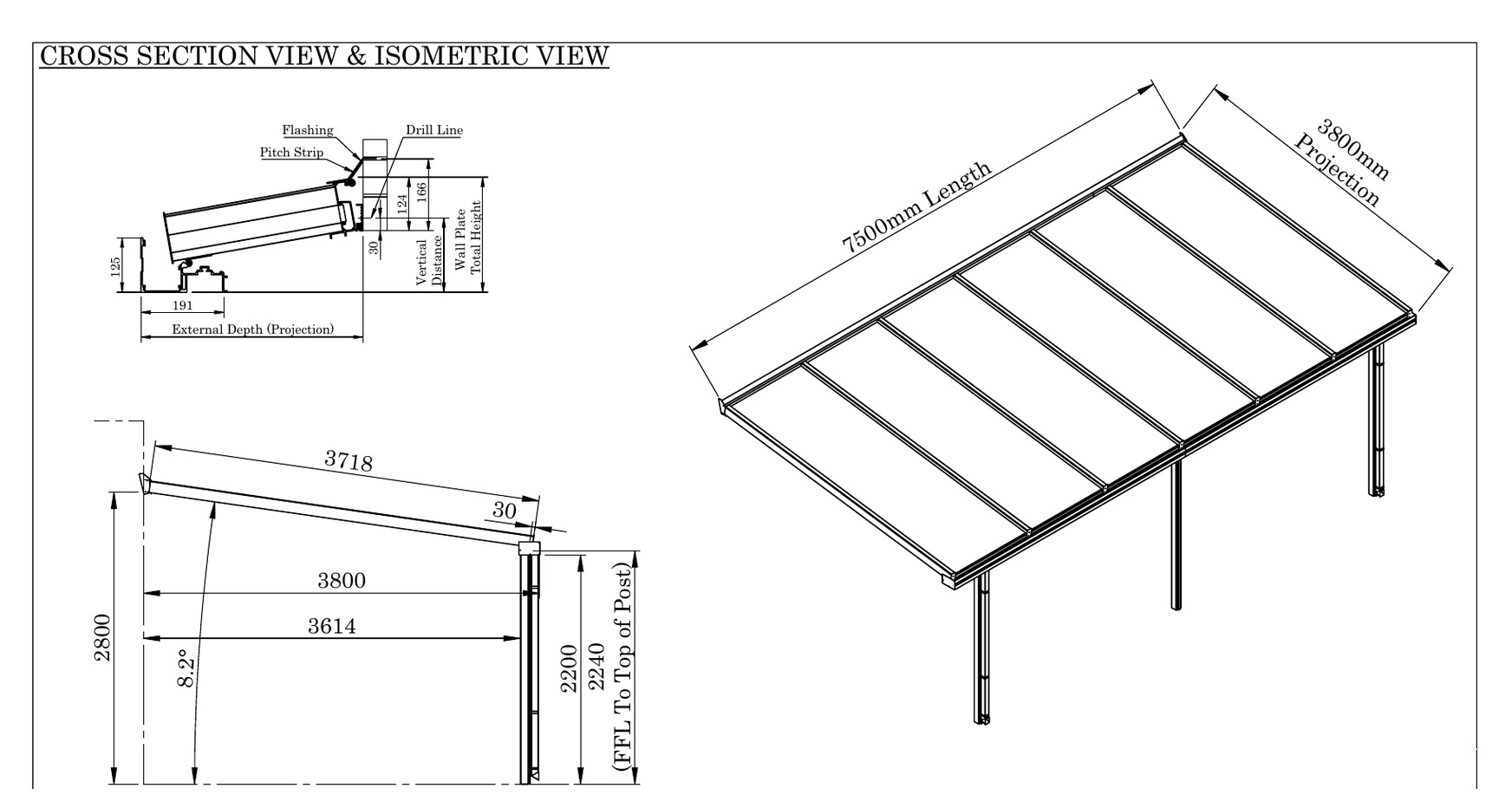 Technical cross section and isometric drawing of a freestanding canopy