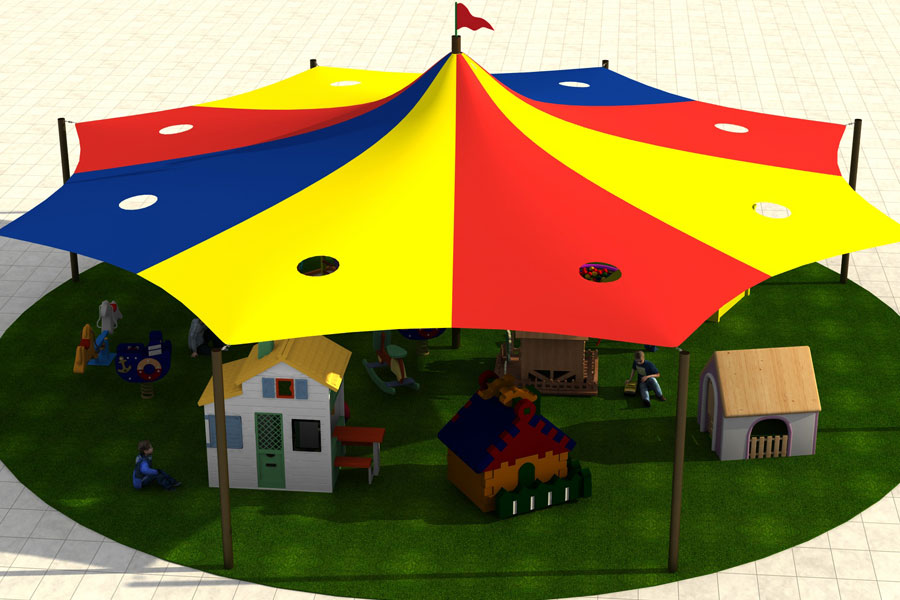 3D concept of a colourful tensile playground canopy